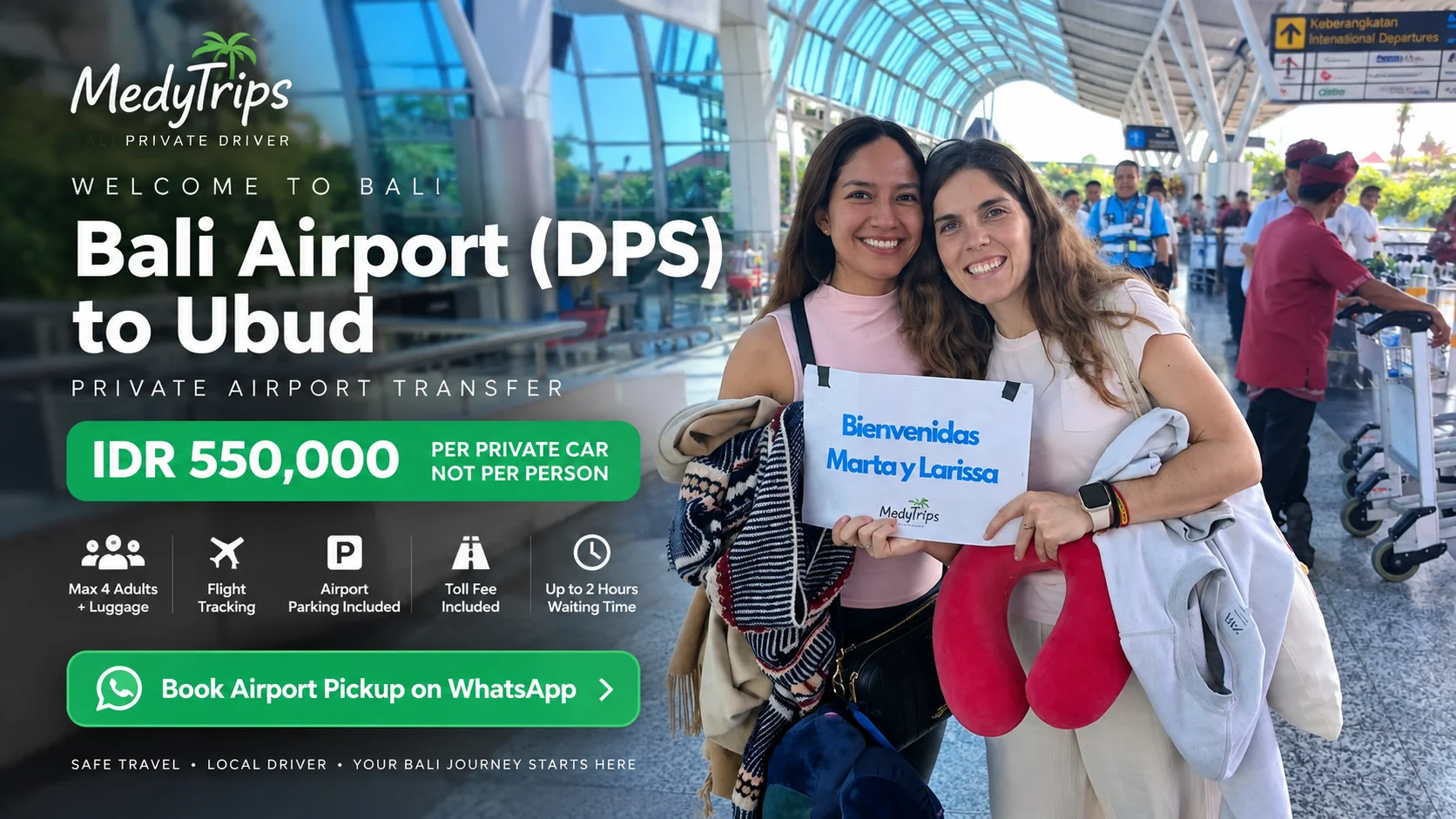 MedyTrips private Bali Airport DPS to Ubud transfer and airport pickup service